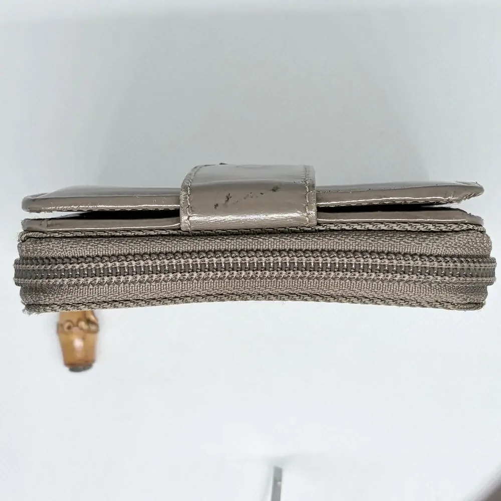 Gucci Bamboo Compact Zip Around Bifold Wallet Taupe Patent Leather